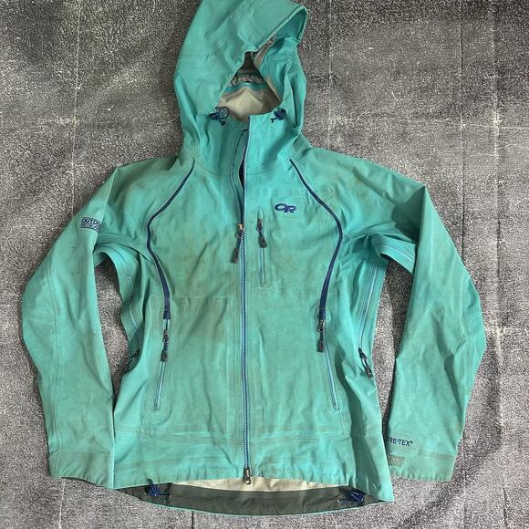 Women's Outdoor Research Gore Tex Teal Blue Hooded Revelation Rain Jacket Sz M - Picture 1 of 6